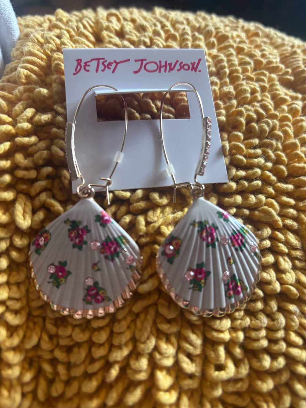 Betsey Johnson White Shell Drop Earrings with Pink Floral Accents